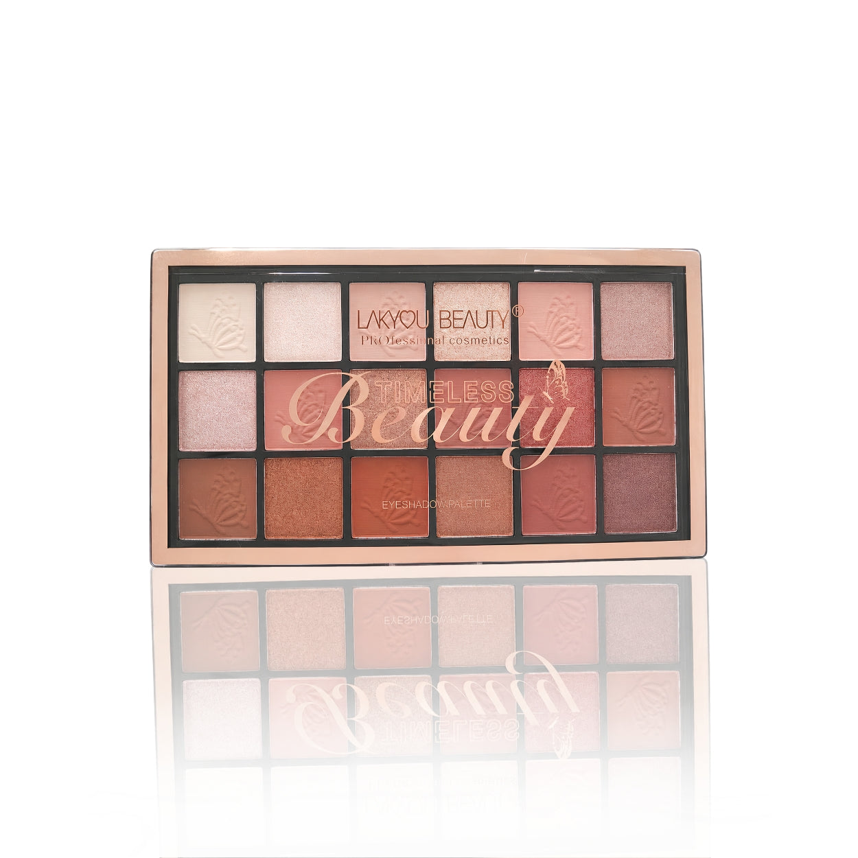 Makeup palette with various shades of eyeshadows on a white background