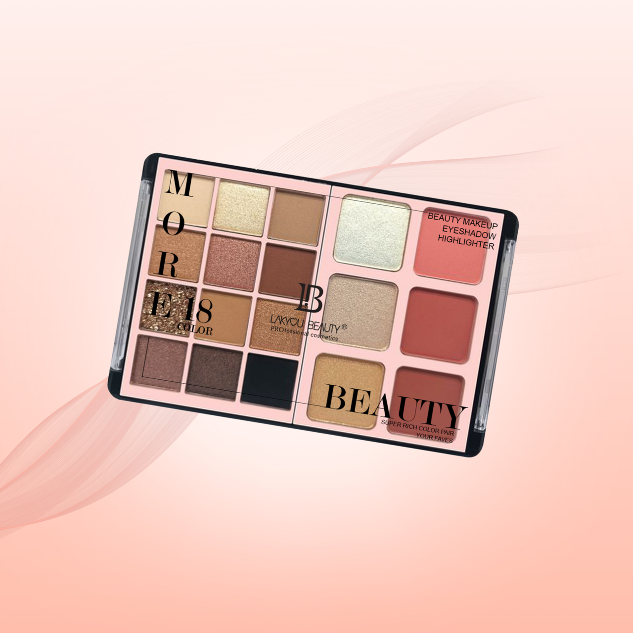 Makeup palette with various shades on a pink background