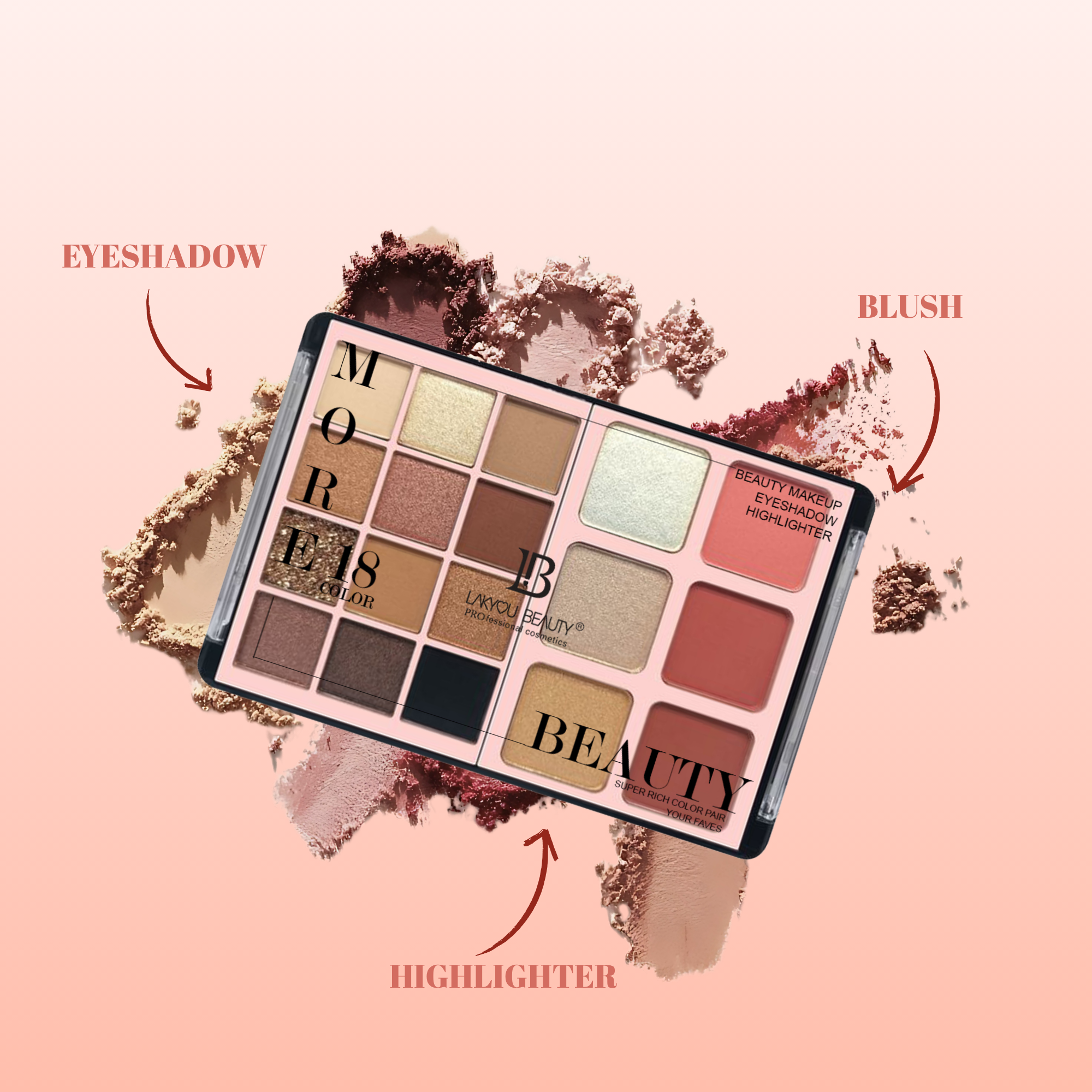 Makeup palette with eyeshadow, blush, and highlighter shades on a pink background
