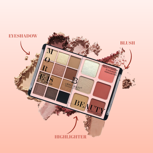 Makeup palette with eyeshadow, blush, and highlighter shades on a pink background