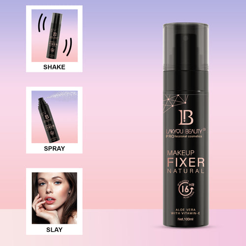 Makeup fixer spray bottle with instructions on a gradient background