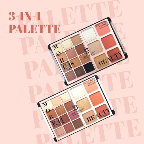 Makeup palette with '3-in-1 Palette' text on a pink background