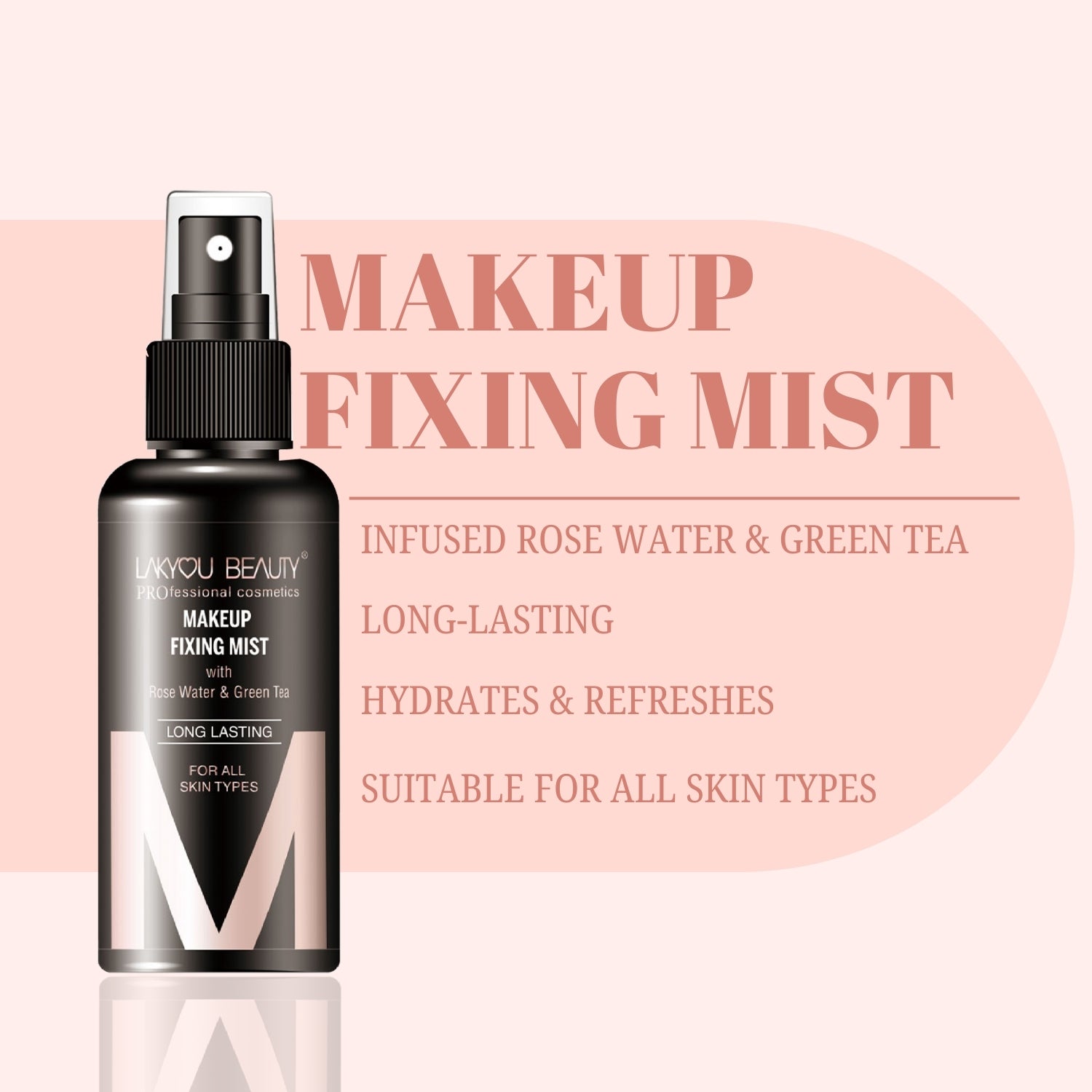 Makeup fixing mist bottle with text on a pink background