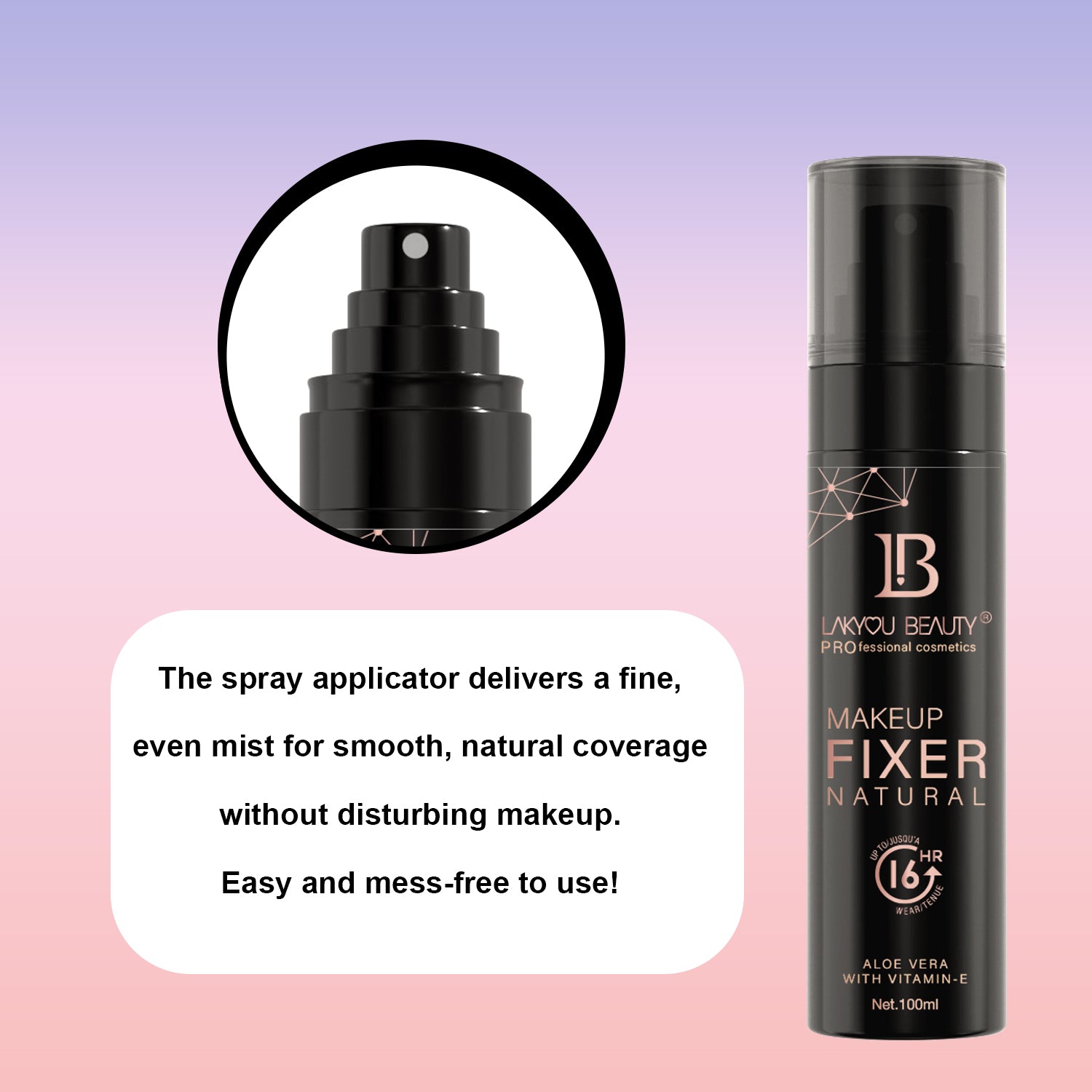 Makeup fixer spray with spray nozzle and product details on a gradient background