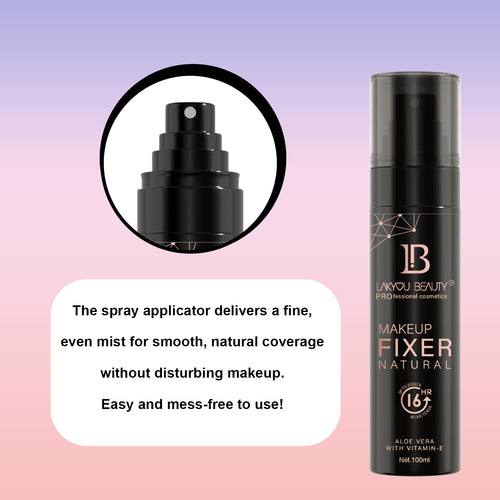 Makeup fixer spray with spray nozzle and product details on a gradient background