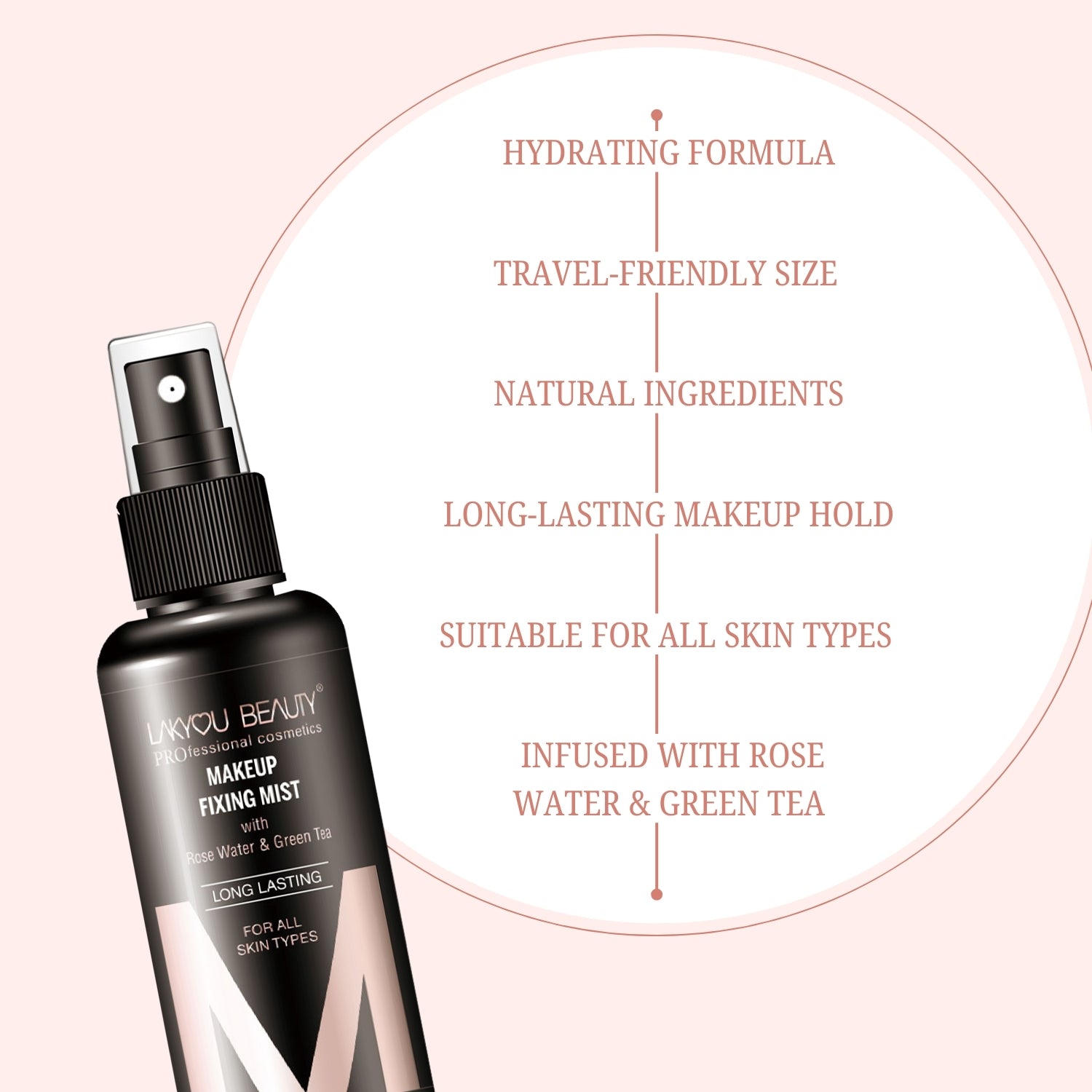 Makeup fixing mist bottle with text highlighting features on a pink background