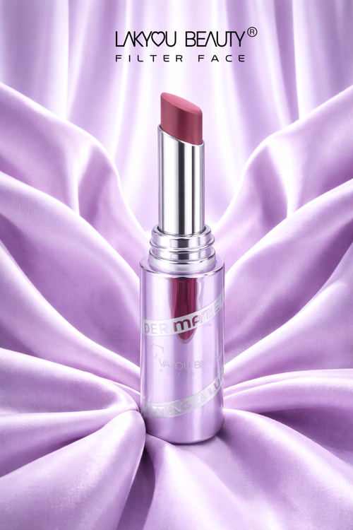 Lakyou Beauty lipstick on a purple satin background