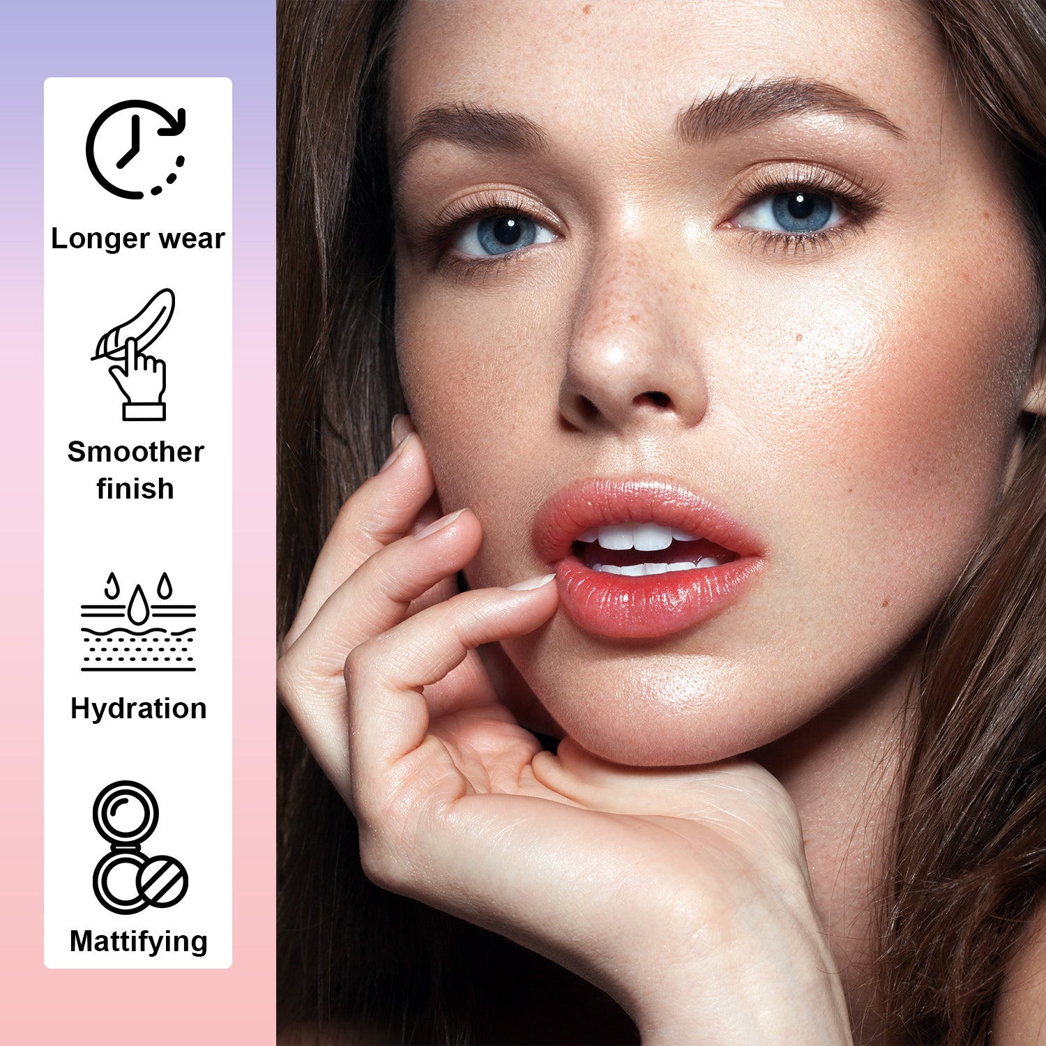 Woman with pink lipstick and product features on a gradient background