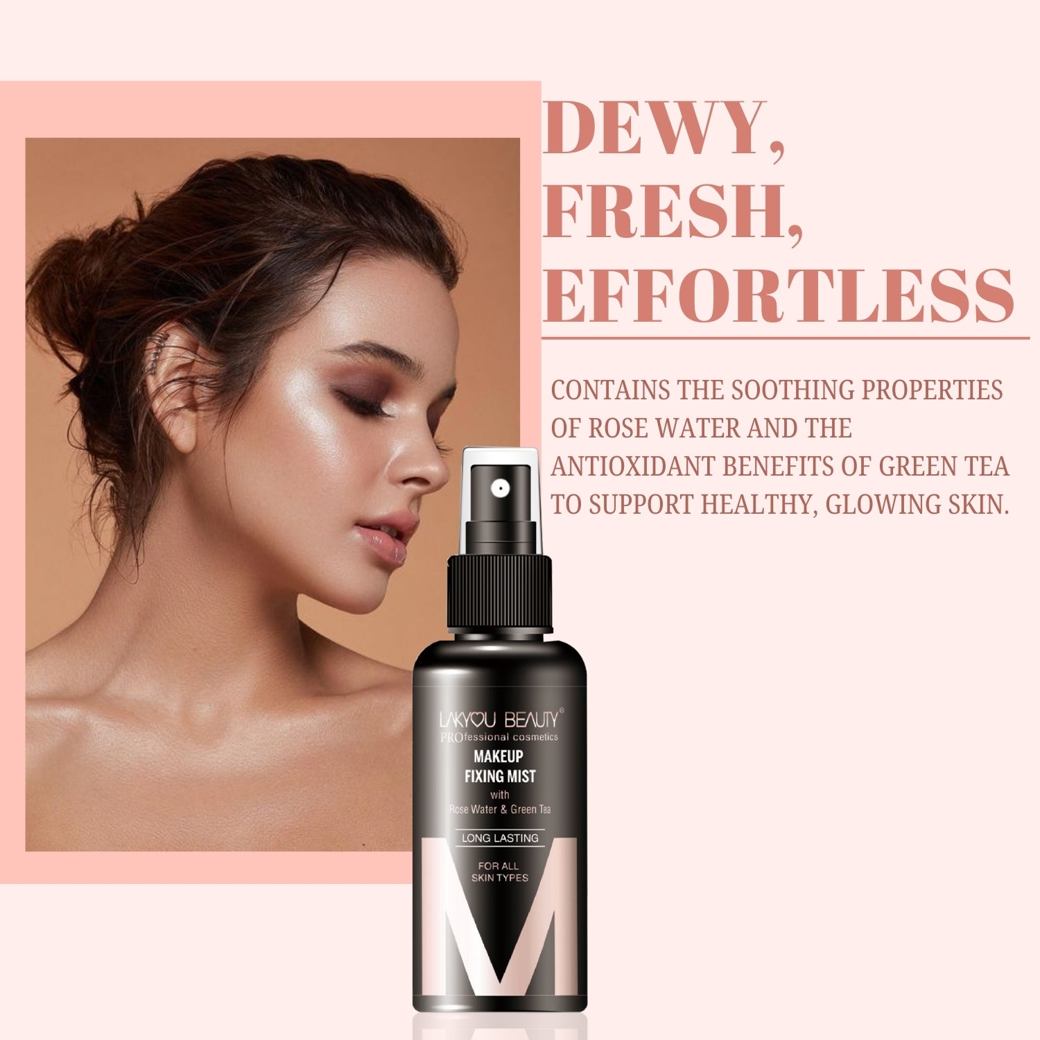Makeup setting spray with a woman's face and text about product benefits on a pink background