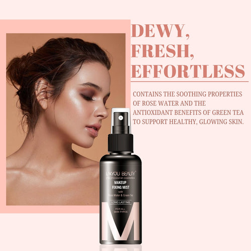 Makeup setting spray with a woman's face and text about product benefits on a pink background