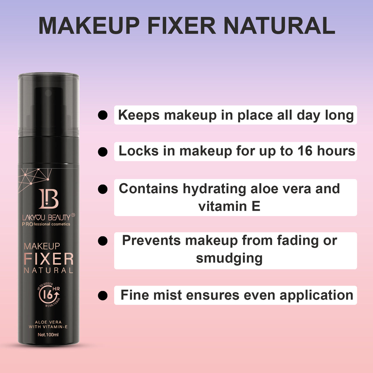 Makeup fixer product with features listed on a pink and purple gradient background