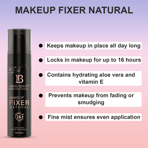 Makeup fixer product with features listed on a pink and purple gradient background