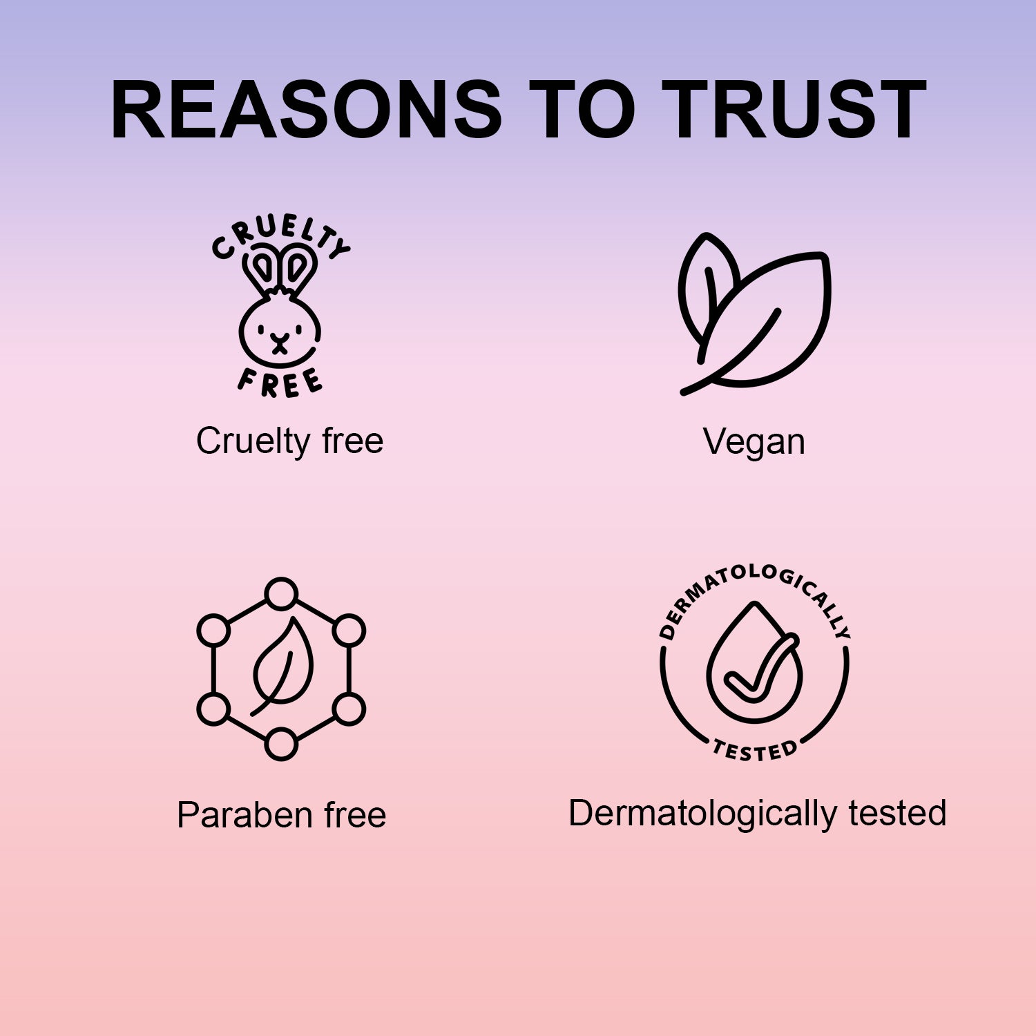 Icons and text indicating reasons to trust a product on a gradient pink and purple background