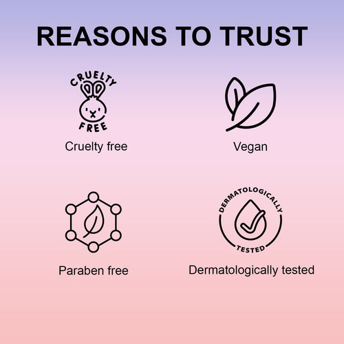 Icons and text indicating reasons to trust a product on a gradient pink and purple background