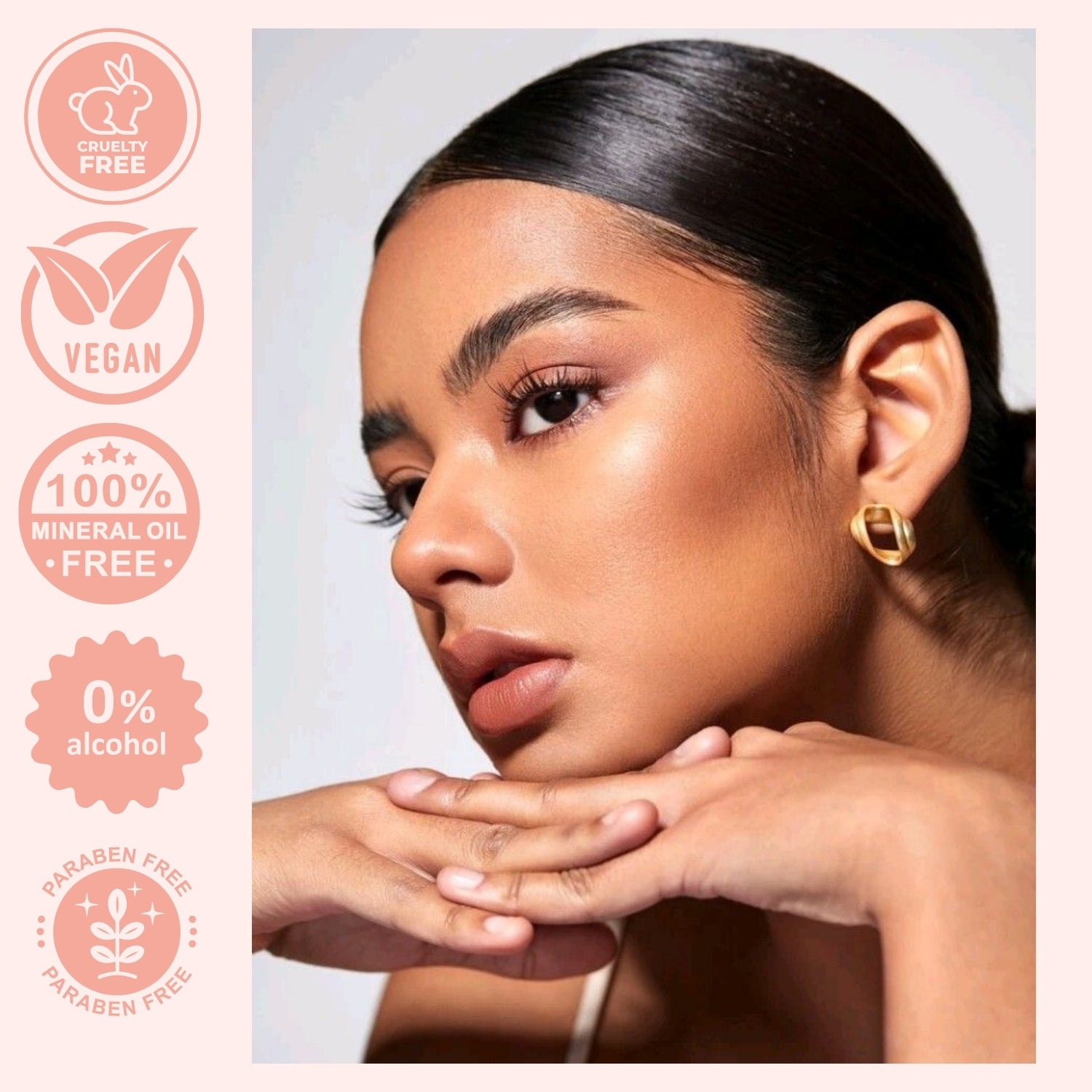 Woman with clean skin and product safety icons on a light background