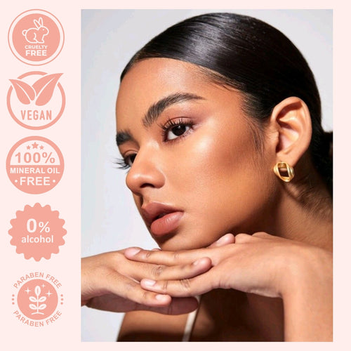 Woman with clean skin and product safety icons on a light background