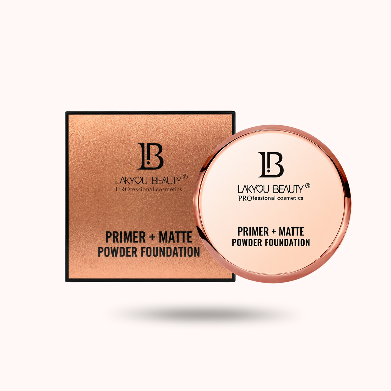 L'KYOU BEAUTY Primer + Matte Powder Foundation shown with its square metallic rose-gold outer box and the round compact lid in front, on a clean off-white background.
