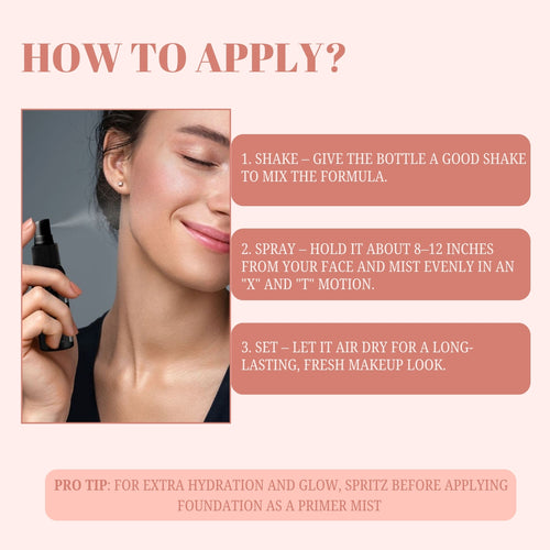 Instructions on how to apply a product with a woman holding a bottle and text overlay.