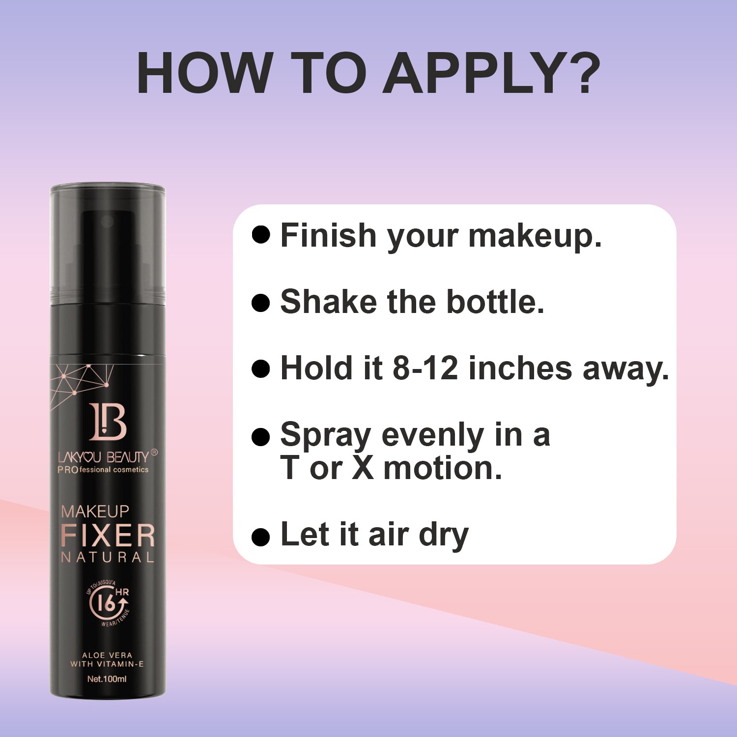 Makeup fixer bottle with application instructions on a gradient background