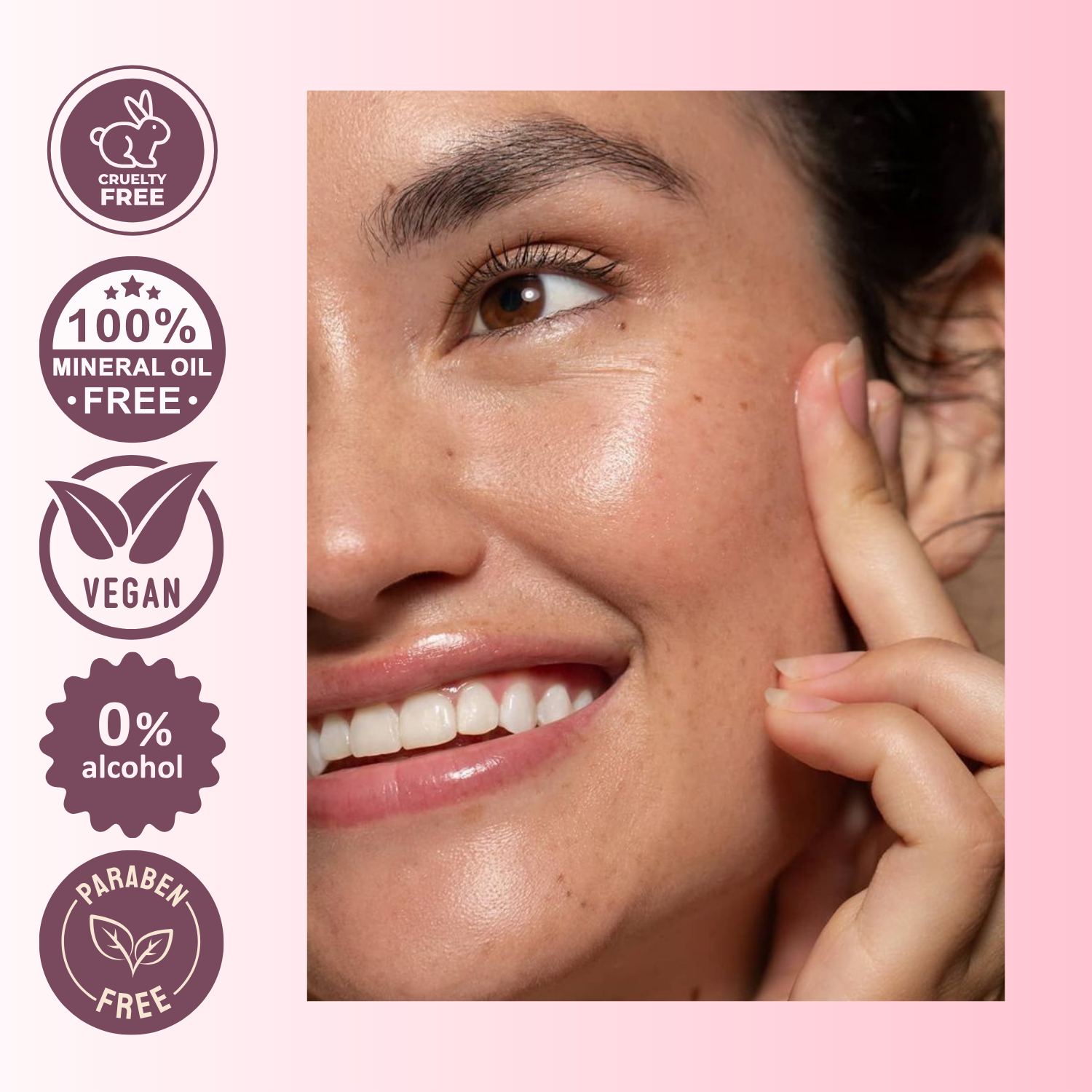 Woman touching her face with product benefits on the left