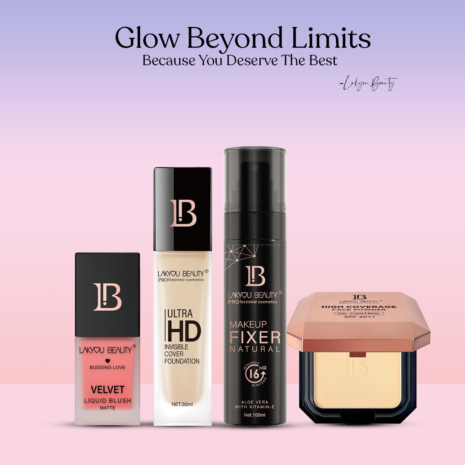 Makeup products with 'Lavyou Beauty' branding on a gradient pink and purple background.