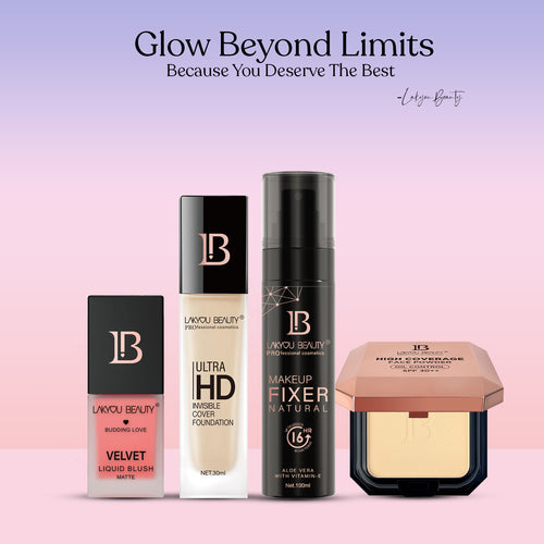 Makeup products with 'Lavyou Beauty' branding on a gradient pink and purple background.
