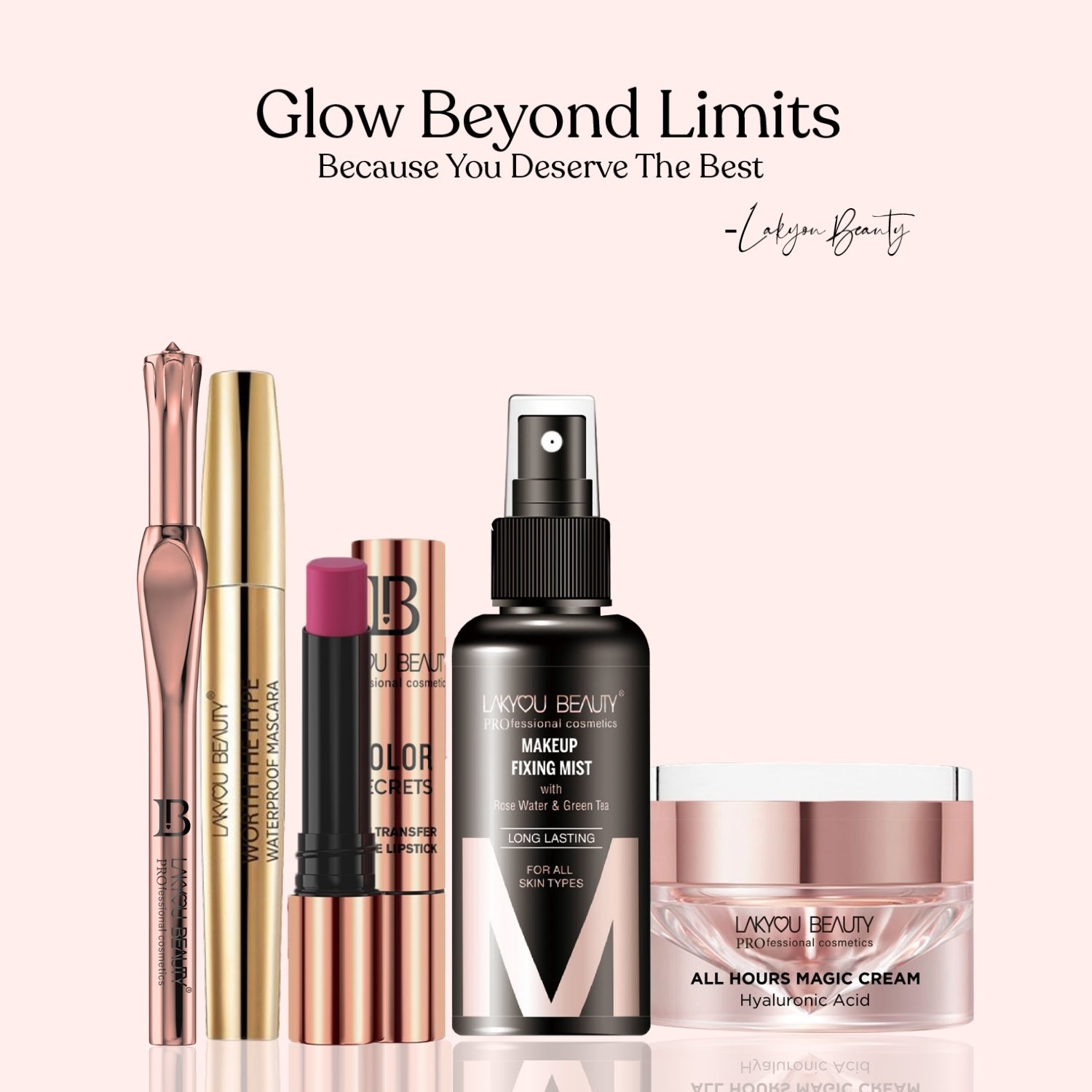 Lakyou Beauty product line with text 'Glow Beyond Limits' on a light pink background