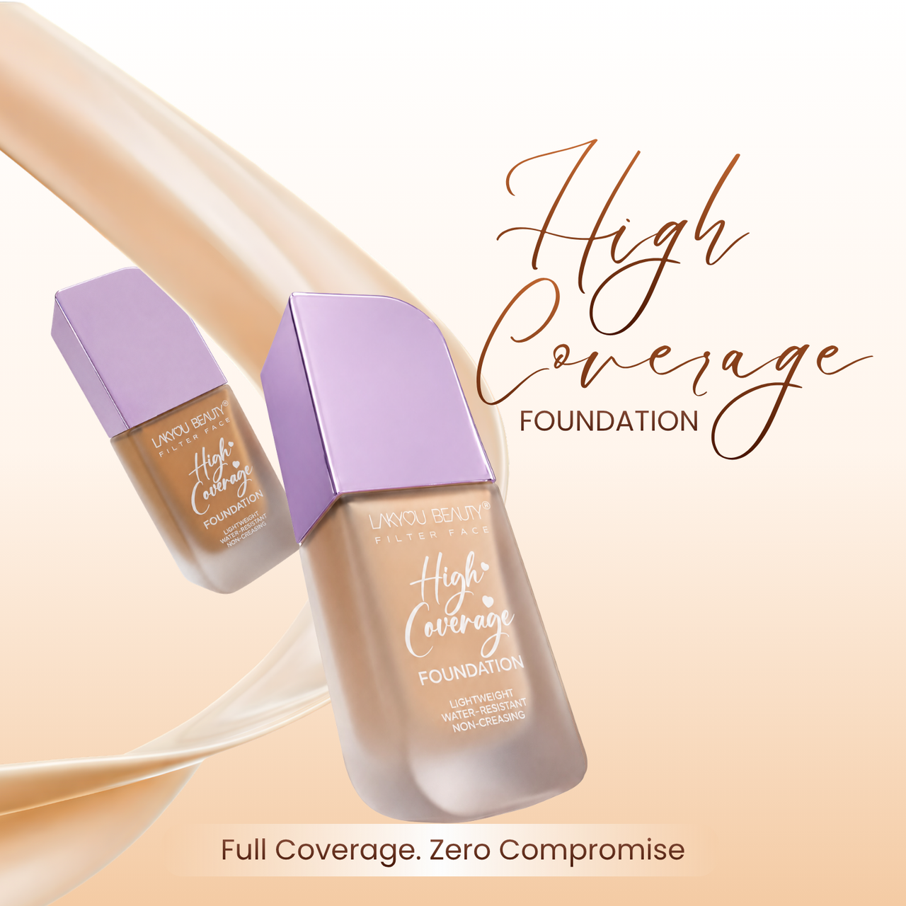 Two bottles High Coverage Foundation on a beige background with text.