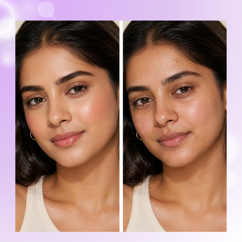 Side-by-side comparison of a woman's face with and without makeup on a purple background