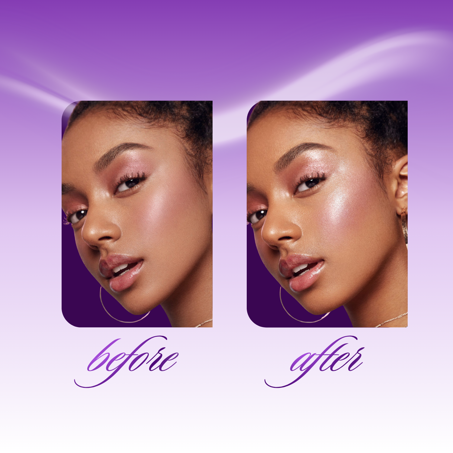 Before and after comparison of a woman's face on a purple background