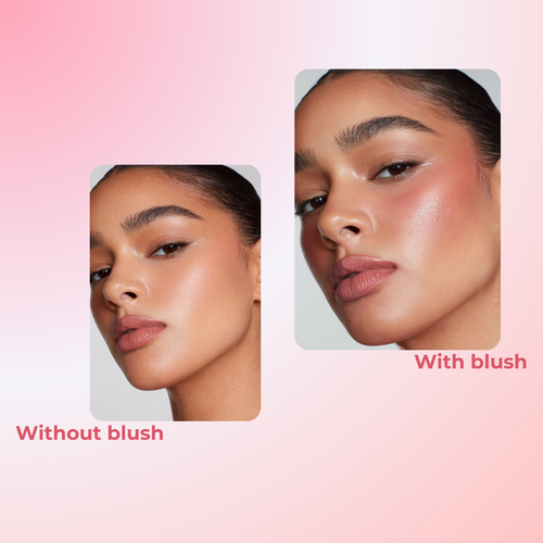 Before and after comparison of a woman's face with blush on a pink background
