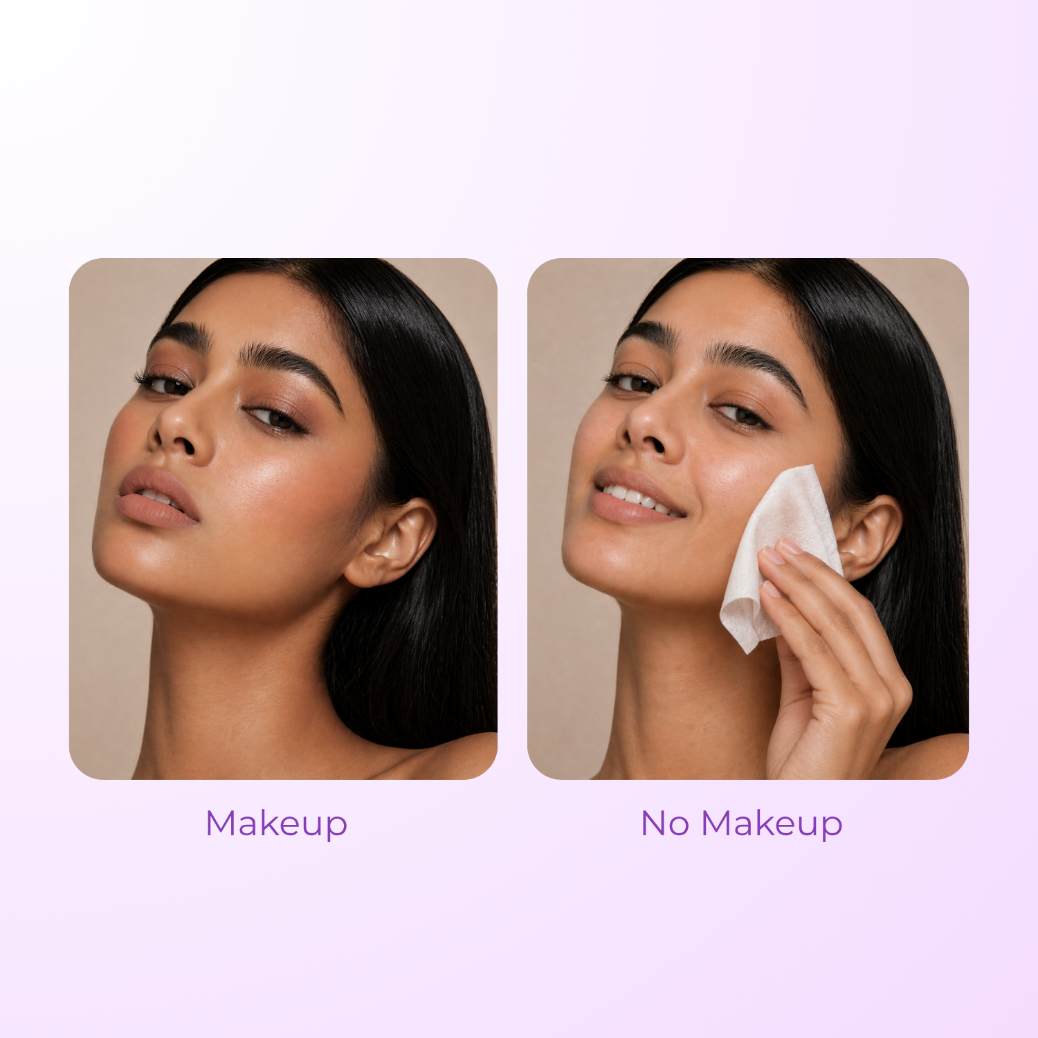 Side-by-side comparison of a woman with makeup and no makeup on a beige background.