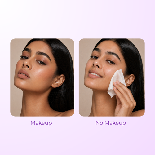 Side-by-side comparison of a woman with makeup and no makeup on a beige background.