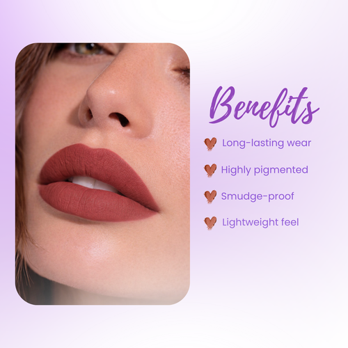 Lipstick with benefits listed on a purple background