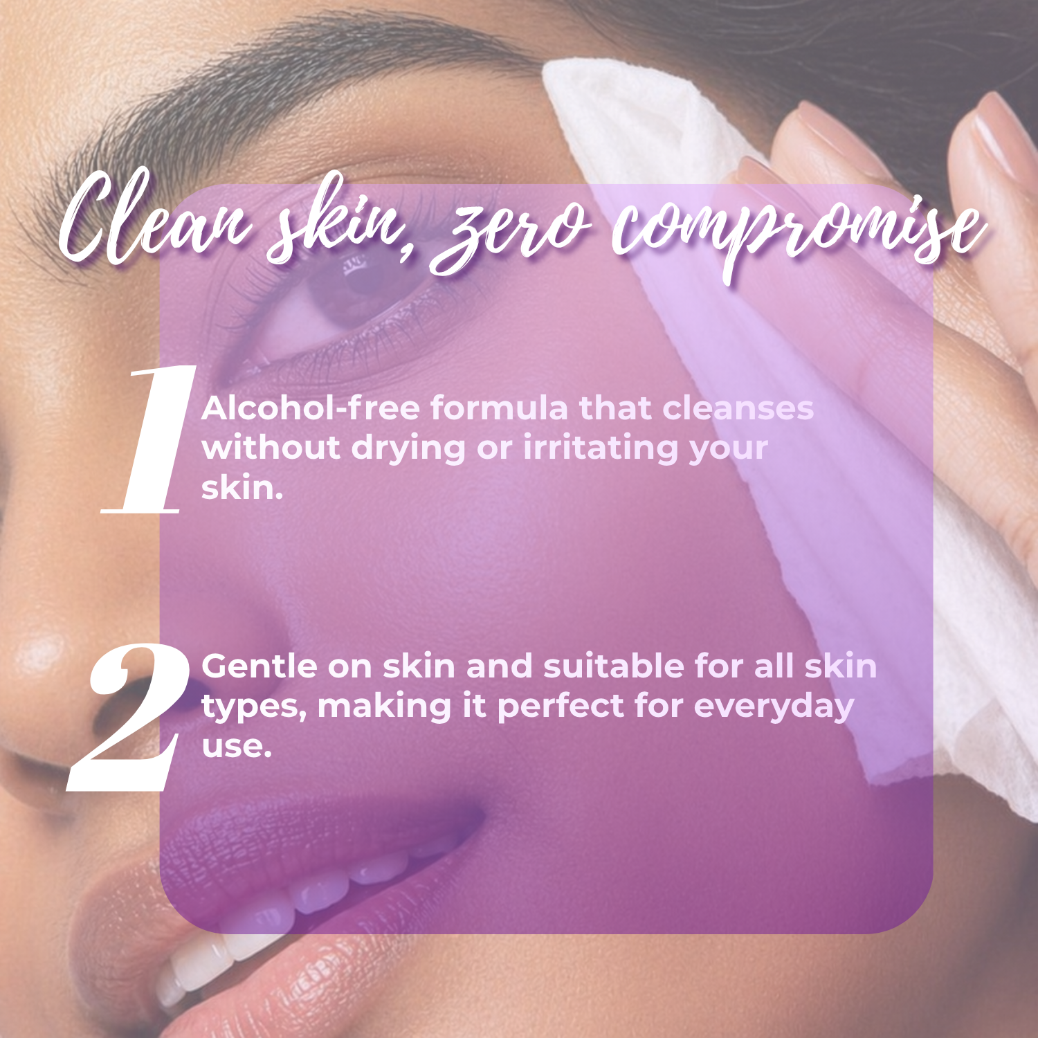 Person using a cleanser with text about its benefits on a purple background