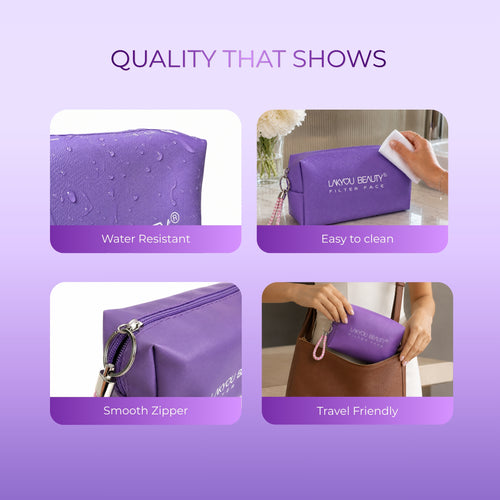 Purple cosmetic bag with features highlighted on a purple background
