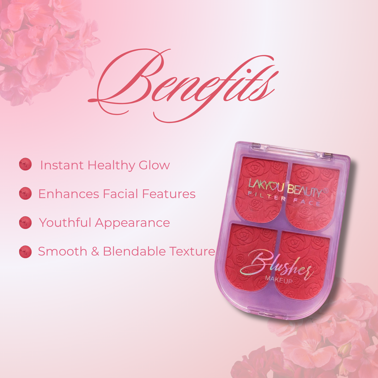 Blusher makeup product with benefits listed on a pink floral background