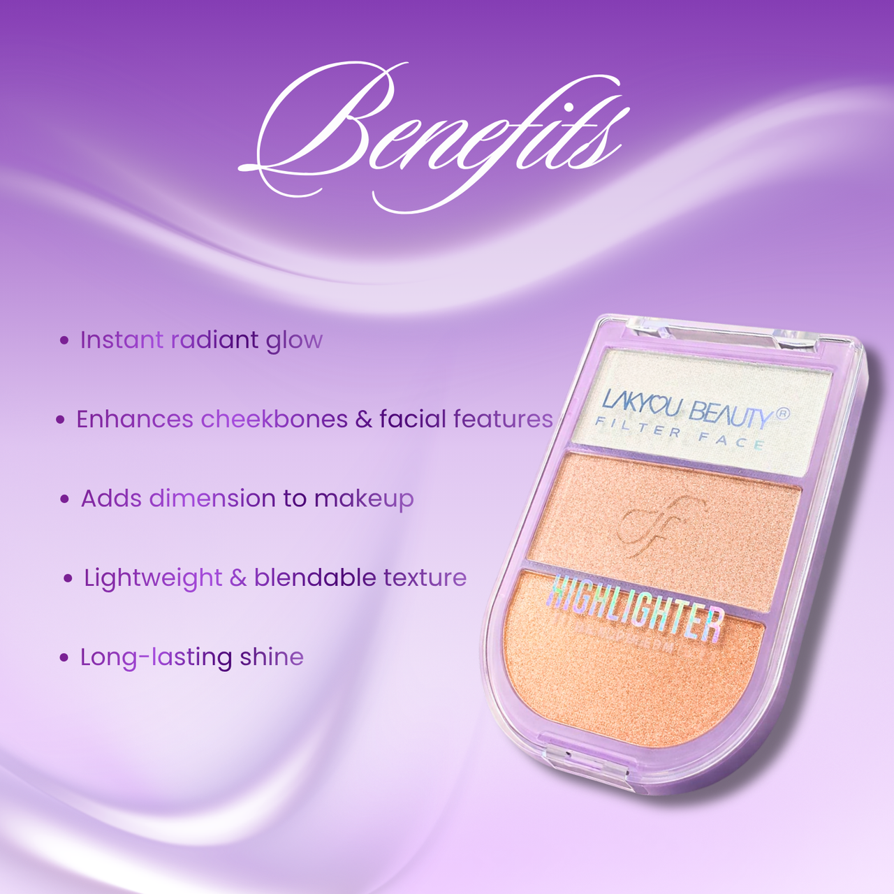 Highlighter product with benefits listed on a purple background