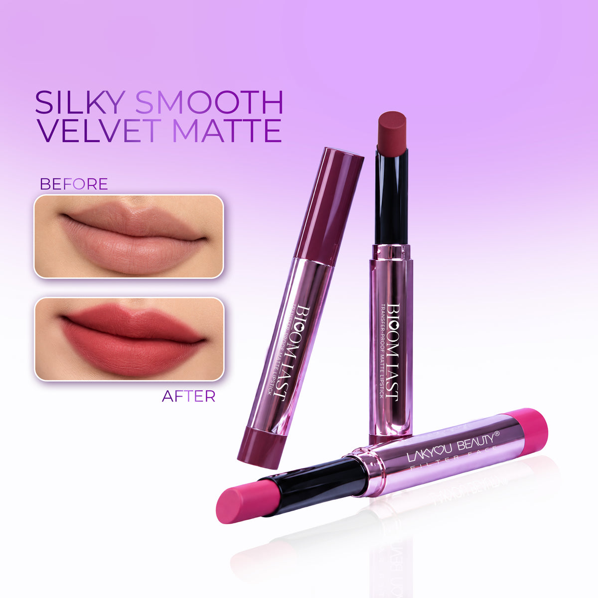 Lakyou Beauty Bloom Last Non-Transfer Lipstick – before and after application