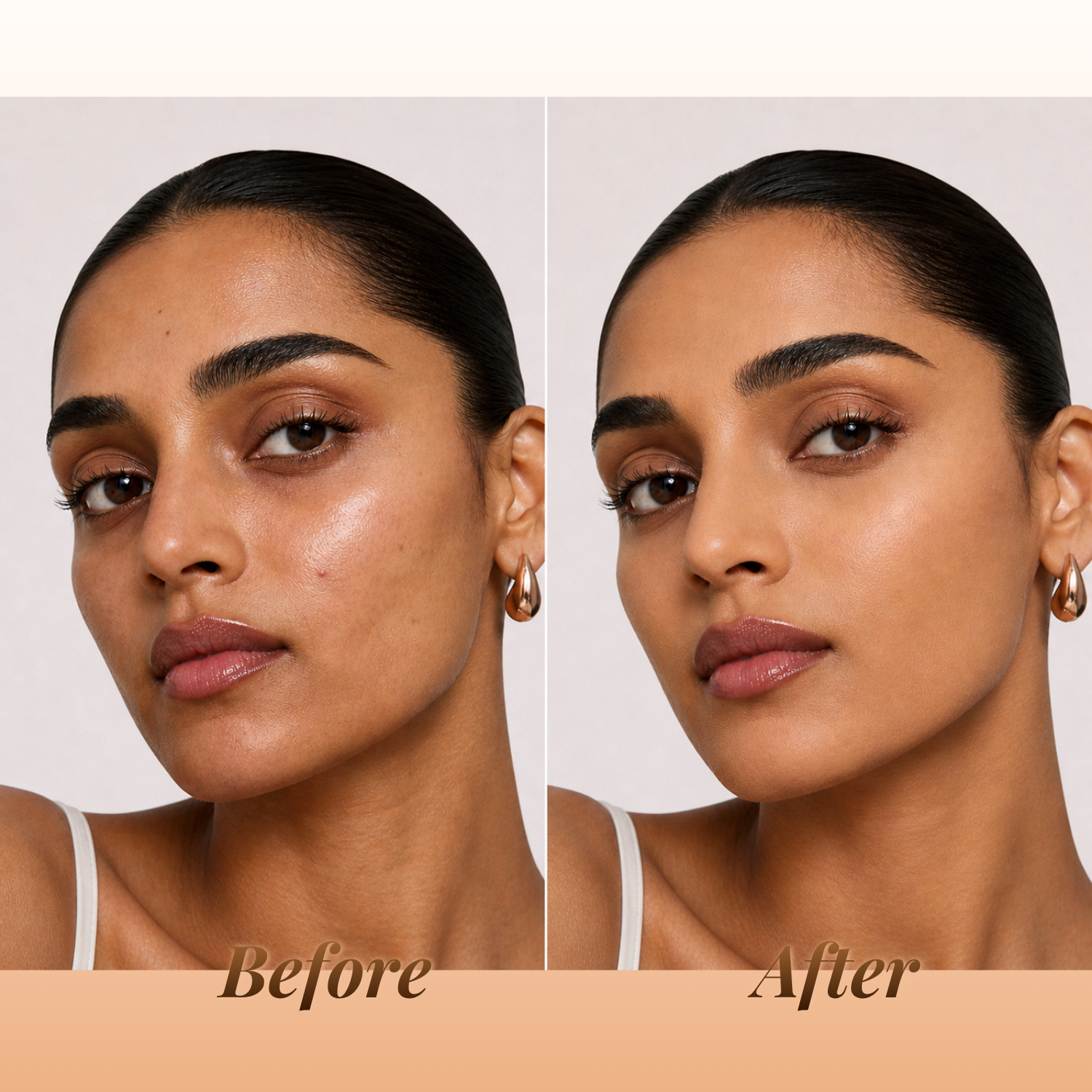 Before and after comparison of a woman's face with visible skin improvement.