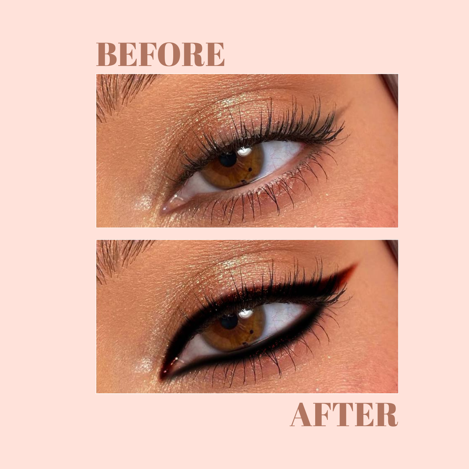Before and after comparison of an eye makeup transformation on a beige background.