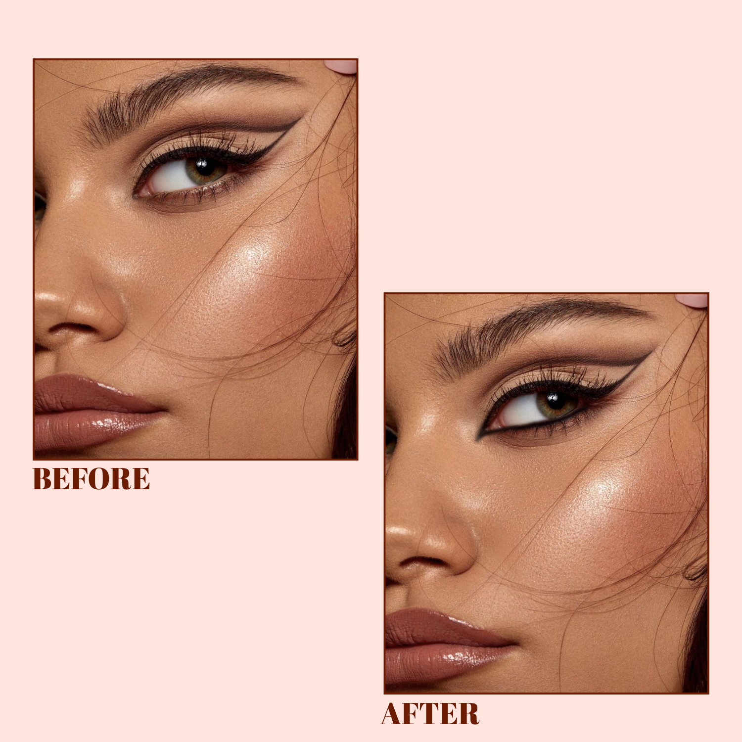 Before and after makeup comparison on a beige background