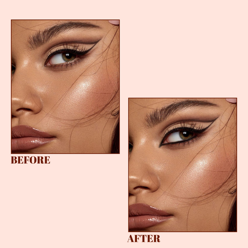 Before and after makeup comparison on a beige background