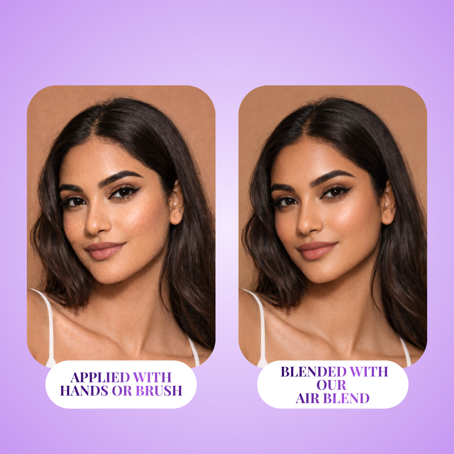 Before and after comparison of a woman's face with text indicating application method on a purple background