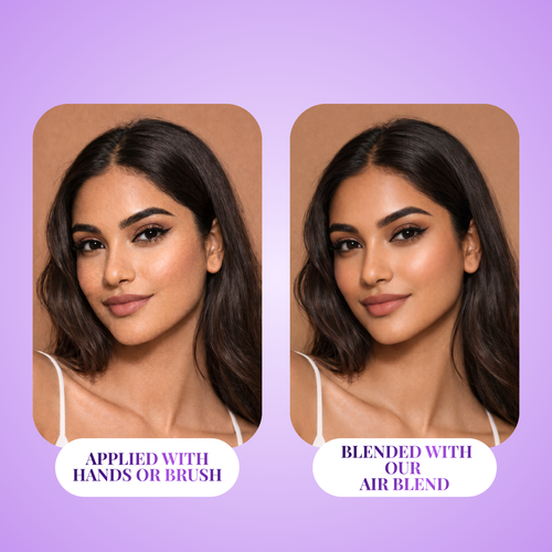 Before and after comparison of a woman's face with text indicating application method on a purple background