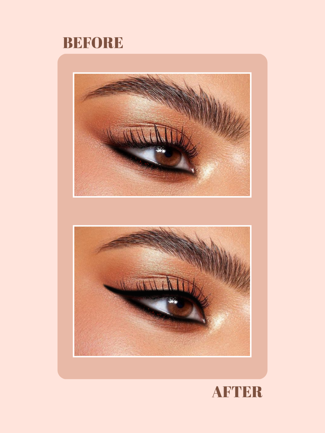 Before and after comparison of eye makeup application on a beige background