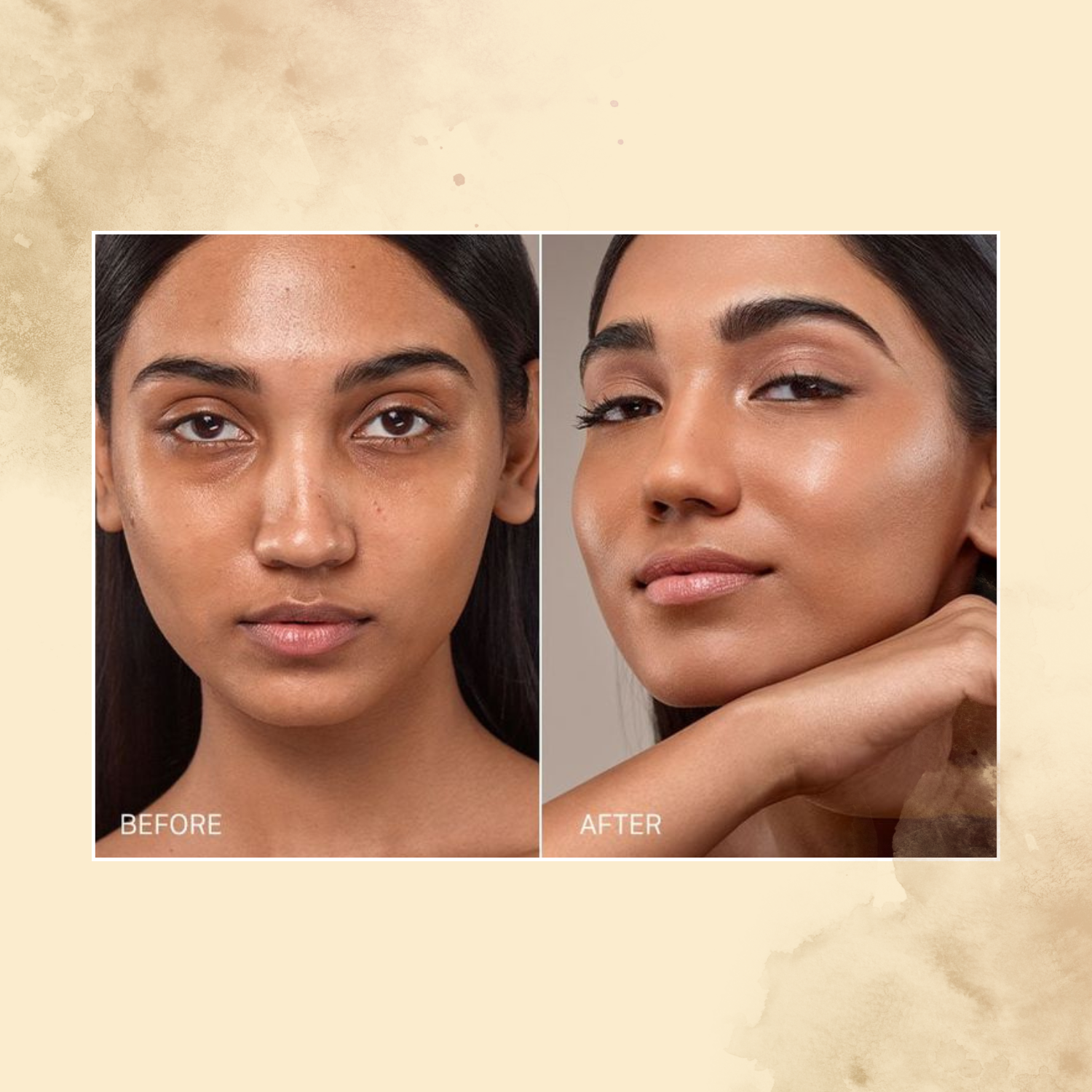 Before and after comparison of a woman's face with a beige background