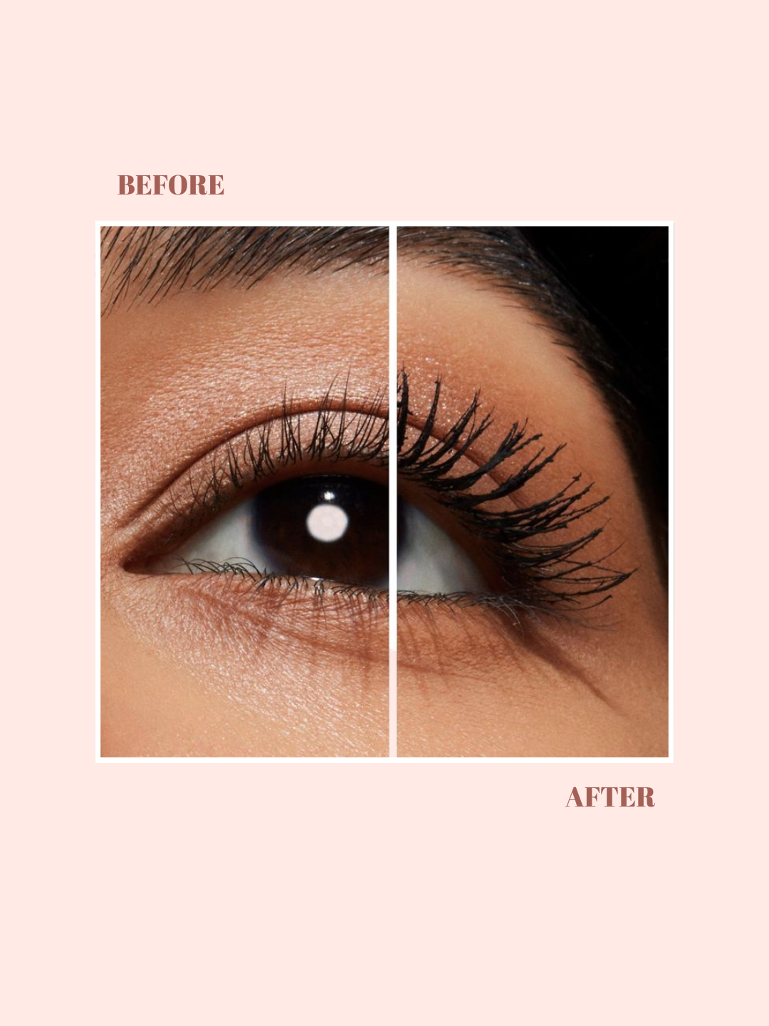 Before and after comparison of an eye with eyelash extensions on a beige background