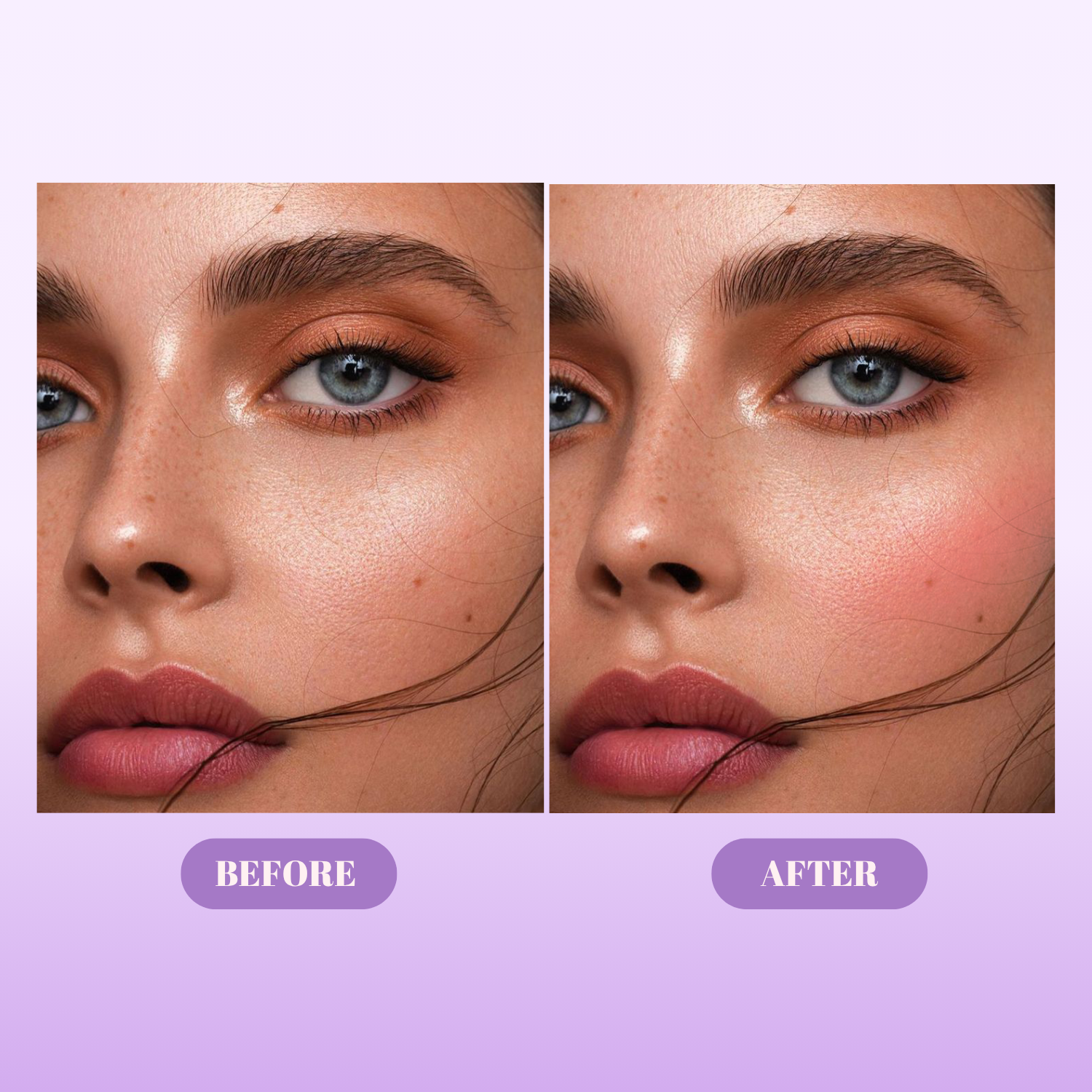 Before and after comparison of a woman's face with makeup application on a purple background