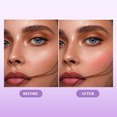 Before and after comparison of a woman's face with makeup application on a purple background